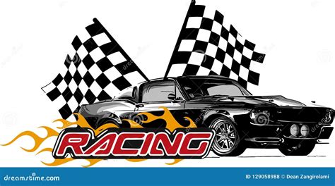 Vector Illustration Muscle Car with Flames and Race Flag Stock Vector ...