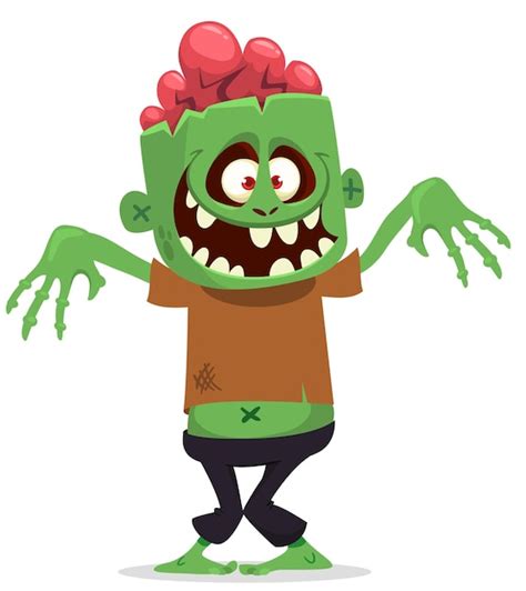 Premium Vector Cartoon Funny Green Zombie With Pink Brains Outside Of