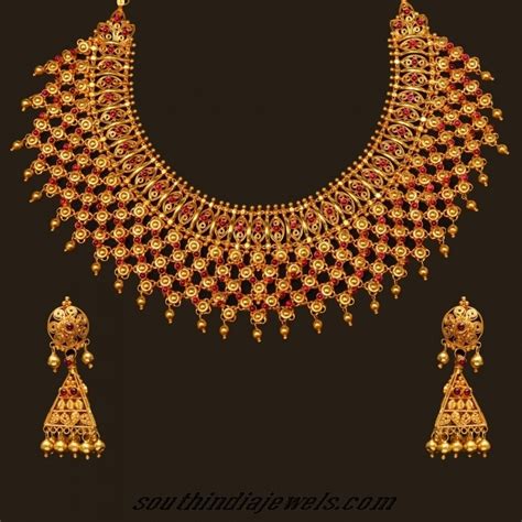 22 Karat Gold Choker Necklace Set With Earrings ~ South India Jewels