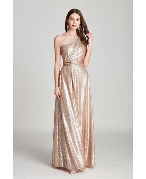 Sparkly Gold Sequin Pleated Long Formal Dress One Shoulder Ck780