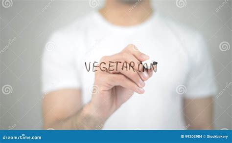 Vegetariano Escrita Do Homem Na Tela Transparente Foto De Stock