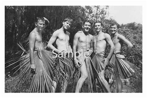 Vintage 1940s Photo Reprint Nude Sailors Hide Under Palm Leaves In