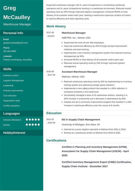 Warehouse Manager Resume Sample Job Description And Skills