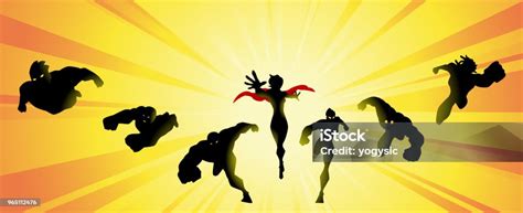 Vector Superhero Team Silhouette With Sunburst Stock Illustration