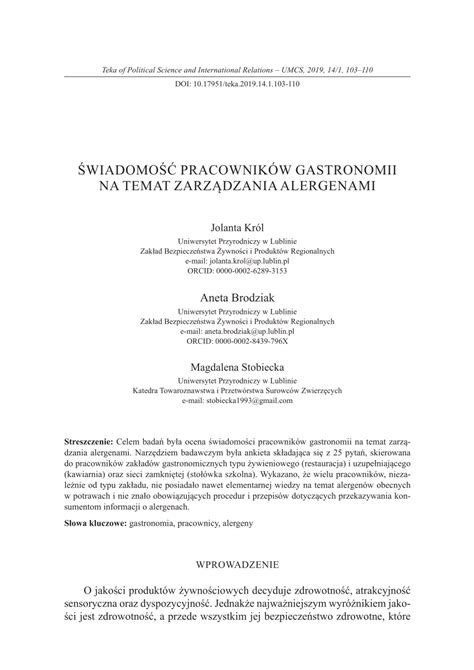 PDF Świadomość pracowników gastronomii na temat zarządzania alergenami