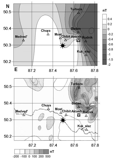 a,b. a) Tectonomagnetic anomaly and b) anomalous magnetic field in the ...