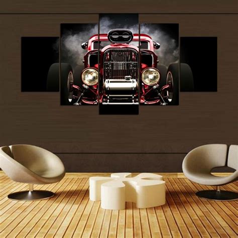 Red Car Vintage Automative 5 Panel Canvas Art Wall Decor Canvas Storm