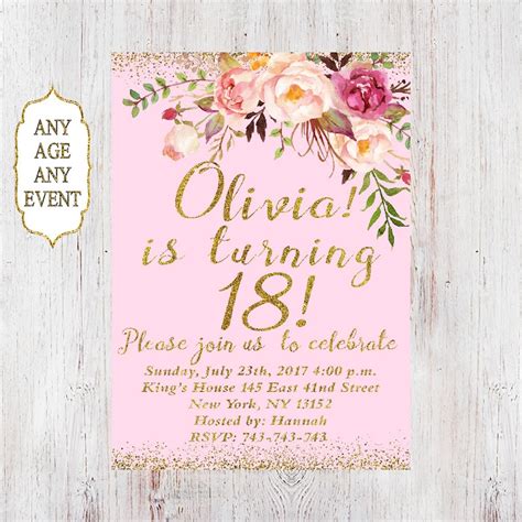 18th Birthday Invitationwomen Birthday Invitation Floral Etsy