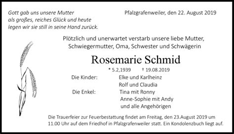 Traueranzeigen Von Rosemarie Schmid Schwarzw Lder Bote Trauer