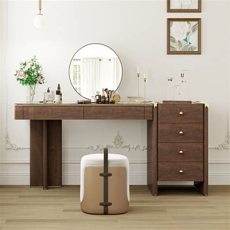 Mid Century Modern Wood Makeup Vanity Table Set With Storage Mirror