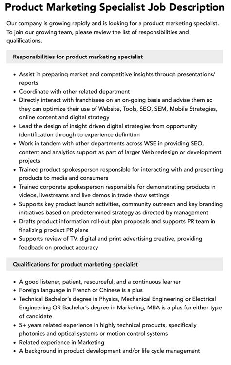 Product Marketing Specialist Job Description Velvet Jobs