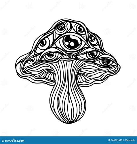 Magic Mushrooms Psychedelic Hallucination Outline Vector Illustration Isolated On White 60s