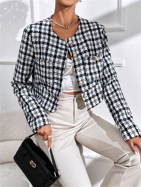 Plaid Pattern Pocket Patched Crop Jacket Xadrez Preto E Branco