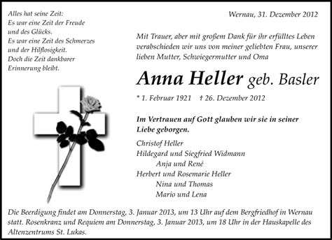 Traueranzeigen Von Anna Heller Zeit Des Gedenkens De