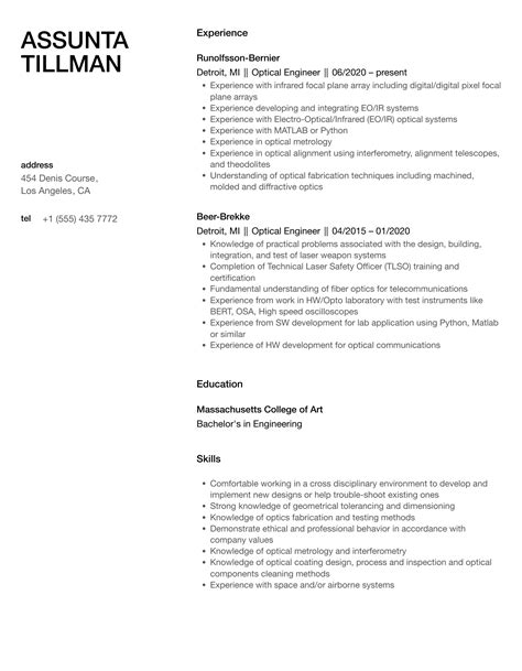 Optical Engineer Resume Samples Velvet Jobs