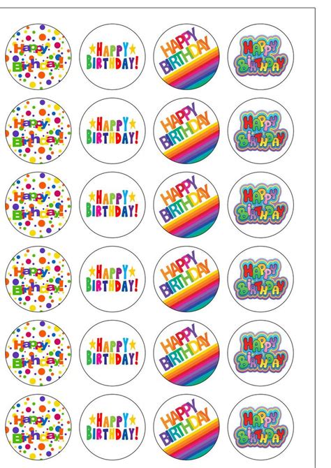 Precut Edible Wafer Paper Bright Happy Birthday Cupcake Cake Toppers