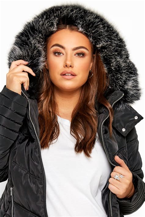 Black PU Trim Panelled Puffer Jacket Yours Clothing