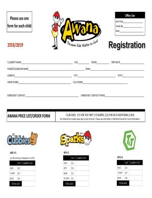 Fillable Online AWANA Registration Form Annandale Free Church Fax