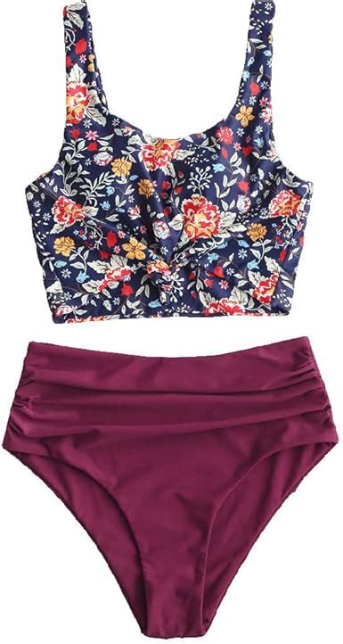 Zaful Damen Zweiteiliger Tankini Gepolsterter Bikini Mit Blumenmuster