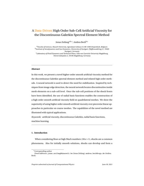 Pdf A Data Driven High Order Sub Cell Artificial Viscosity For The