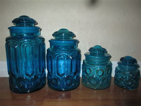 Vintage L E Smith Glass Moon Star Blue Canister Set W Lids