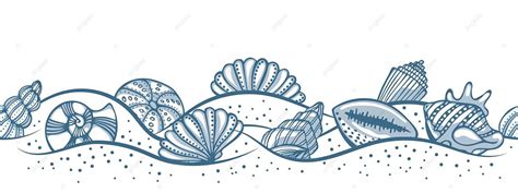 Blue Seashell Pattern On White Background With Border Vector Marine