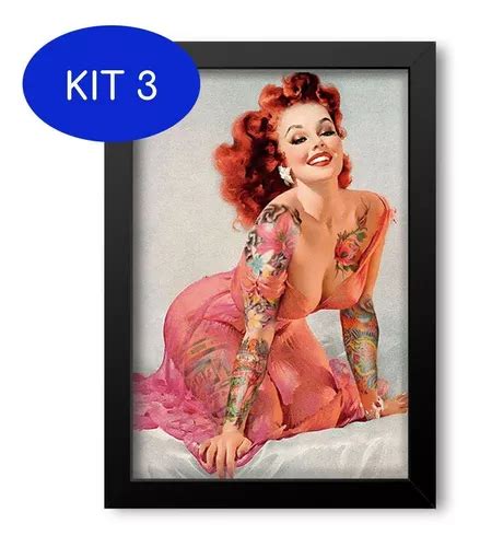 Kit Quadro Decorativo Pin Up Mulher Tatuada Mdf X Cm