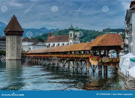 The Wooden Chappel Bridge In Lucerene Editorial Photo Image Of