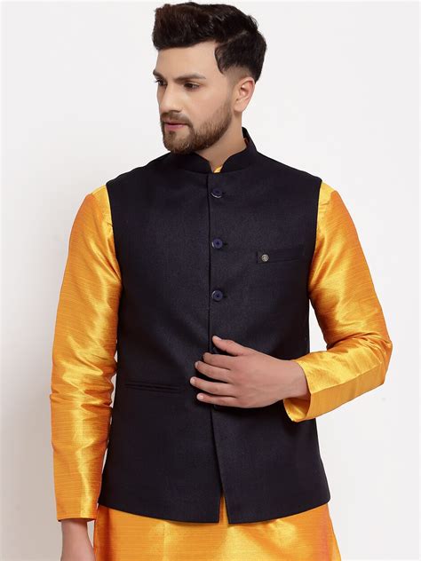 Buy MOHANLAL SONS Men Navy Blue Solid Woven Nehru Jacket Nehru