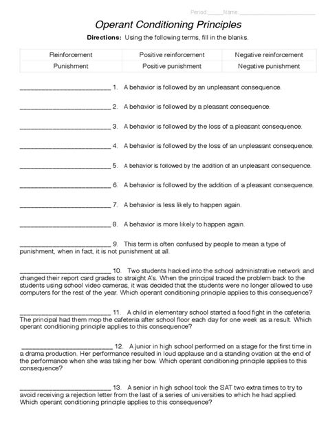 Operant Conditioning Worksheet PDF Punishments Reinforcement