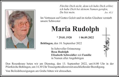 Traueranzeigen Von Maria Rudolph Allg Uer Zeitung