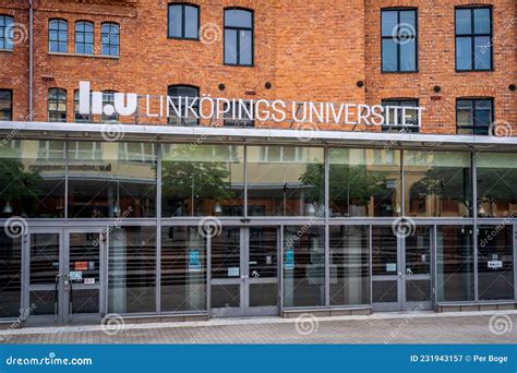 Front Facade View of Linkoping University Campus, Red Brick Building in Norrkoping Sweden ...