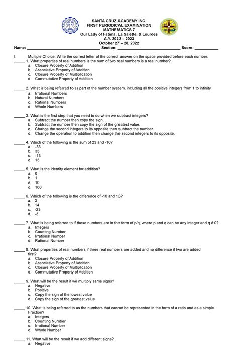 Periodical Exam Q Exam Santa Cruz Academy Inc First Periodical