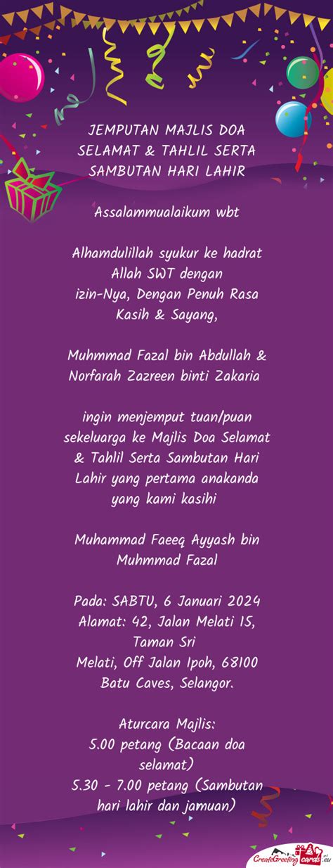 Jemputan Majlis Doa Selamat And Tahlil Serta Sambutan Hari Lahir Free Cards