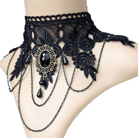 Genema Halloween Sexy Gothic Chokers Crystal Black Lace Neck Collares