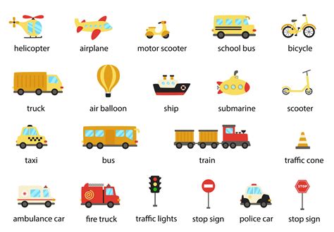 Set Of Transportation Means With Names Vector Illustrations