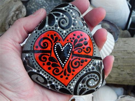 Black And Red Heart Painted Rock Painted Rocks Heart Paint