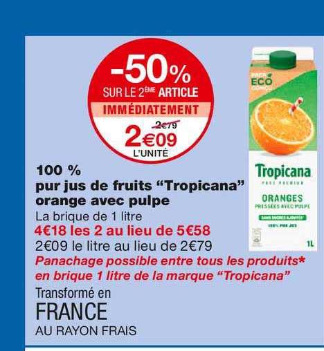 Promo 100 Pur Jus De Fruits Tropicana Orange Avec Pulpe Chez