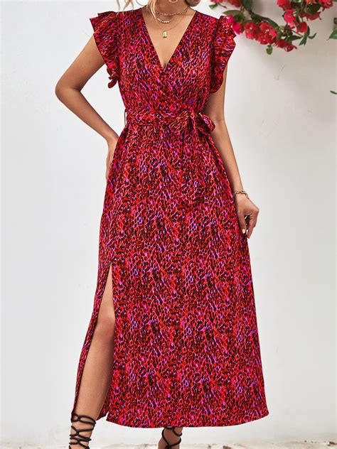 Printed Surplice Neck Flutter Sleeve Slit Midi Dress Toadds