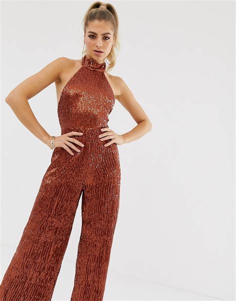 Club L London Halterneck Sequin Wide Leg Jumpsuit Incopper In Brown Lyst