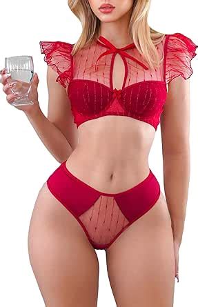 Amazon Wdirara Women S Mesh Lace Underwire Lingerie Set Piece Set Ruffle Bralettes And