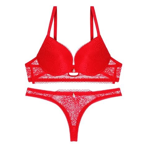 Dvkovi Womens Solid Color Sexy Lace Hollow Bra Thong Set Underwear Set Triangle Lingerie Set