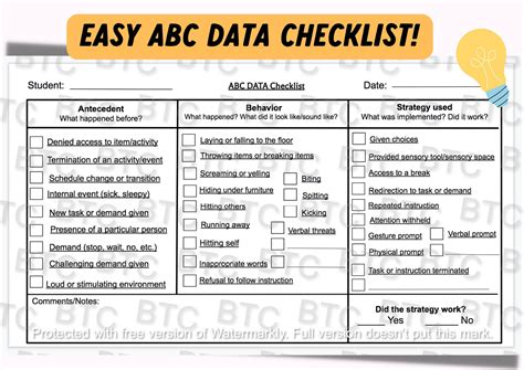 Abc Data Checklist For Behavior Assessment And Etsy