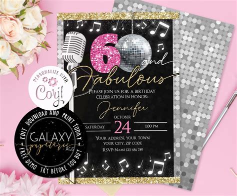 Editable 60th Birthday Invitation Disco Party Editable Etsy