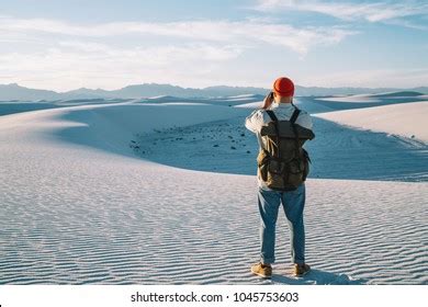 Back View Male Traveler Rucksack Shooting Stock Photo 1045753603