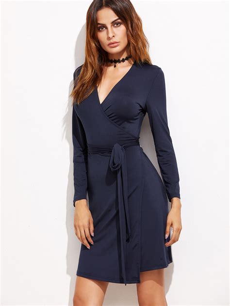 Navy V Neck Wrap Dress Shein Sheinside Wrap Dresses Fall Dress C V