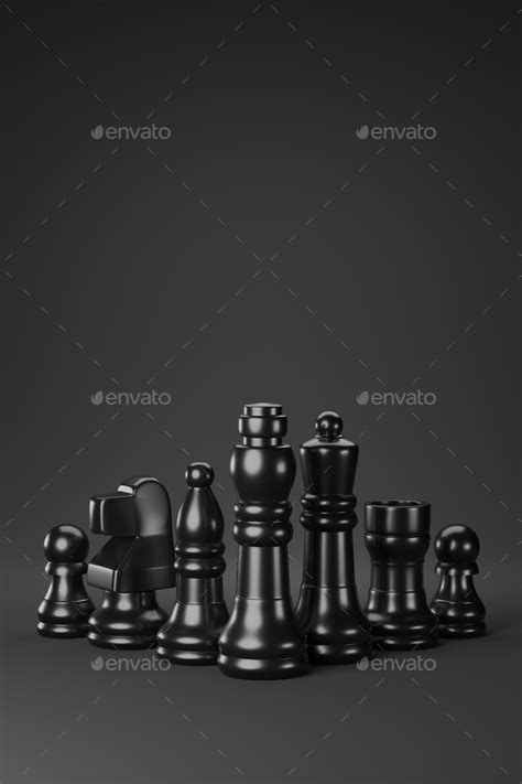 Black Chess Pieces On Black Background 3d Rendering Stock Photo By