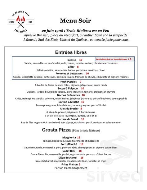 Resto Bar Le Brasier Menu In Trois Rivi Res Quebec Canada