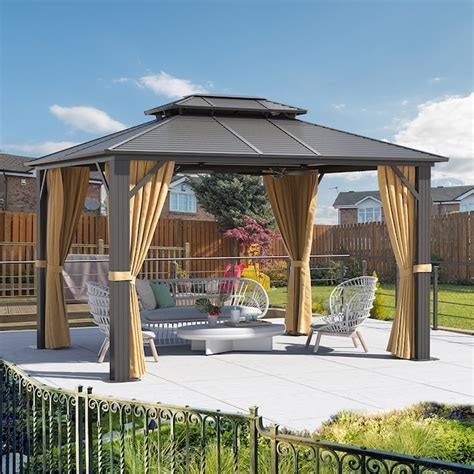 Aoxun 12 Ft X 10 Ft Metal Gazebo Brown Metal Rectangle Screened Gazebo With Steel Roof In The