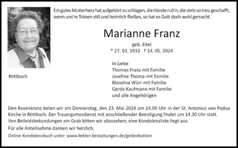 Traueranzeigen Von Marianne Franz Trauerportal Ihrer Tageszeitung